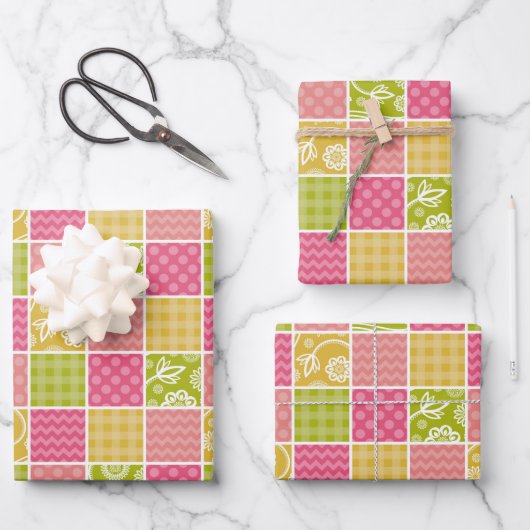 Zigzag, Zickzack, Polka Dots, Gingham, Patchwork Geschenkpapier Set (Vorderseite)