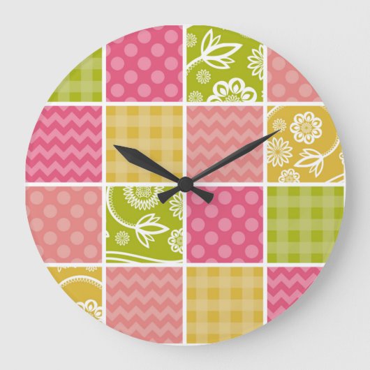 Zigzag, Zickzack, Polka Dots, Gingham, Patchwork Große Wanduhr (Vorderseite)
