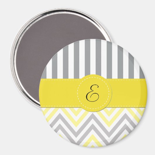Zigzag, Zickzack, Streifen, gelb, grau, Monogramm Magnet (Vorderseite/Rückseite)