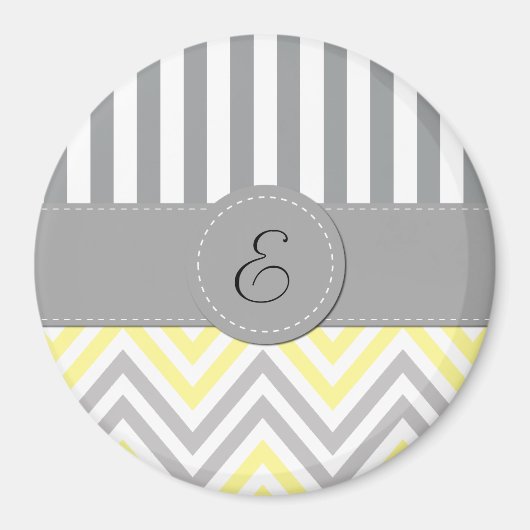 Zigzag, Zickzack, Streifen, gelb, grau, Monogramm Magnet (Vorne)