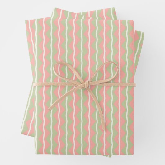 Zigzag Zickzack Streifen - Rosa, Grün und blasses  Geschenkpapier Set (Beispiel)