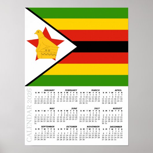 Zimbabwe 2026 Calendar, Large, Zimbabwe Flag Poster (Vorne)