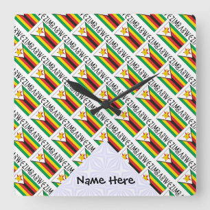 Zimbabwe and Zimbabwean Flag Tiled with Your Name Quadratische Wanduhr