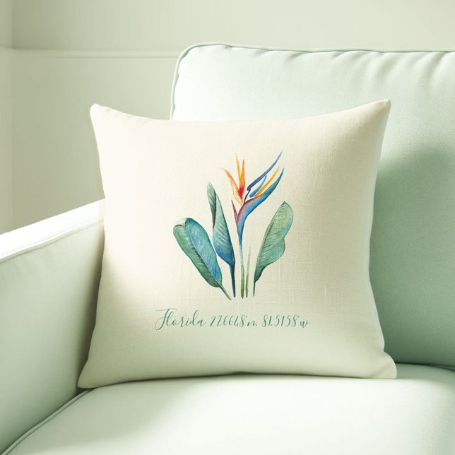Zimmerdekoration des Botanischen Florida Kissen (Florida room decor ideas hand painted watercolor bird of paradise throw pillow Victoria Grigaliunas)