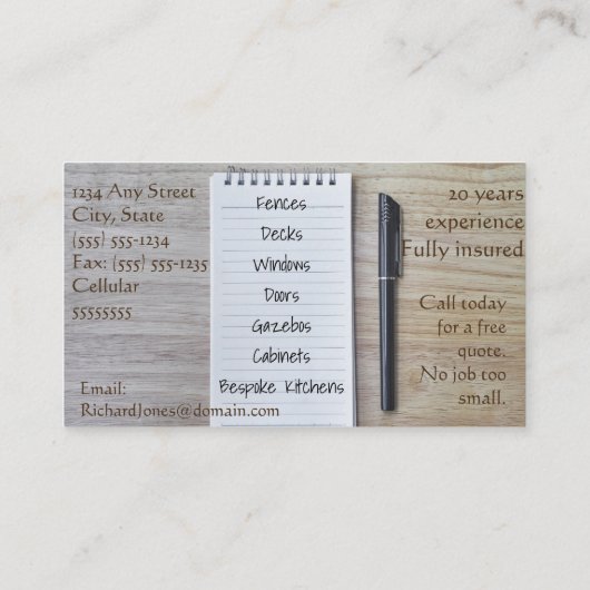 Zimmerei, hölzerne Funktion und Küchen-Monteur Visitenkarte (Rückseite)