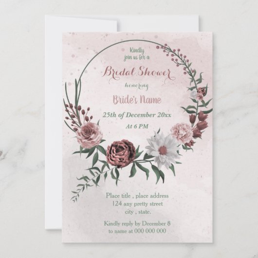 Zimt-Rose mit weißem Blumenkranz Brautparty Einladung (Vorderseite)