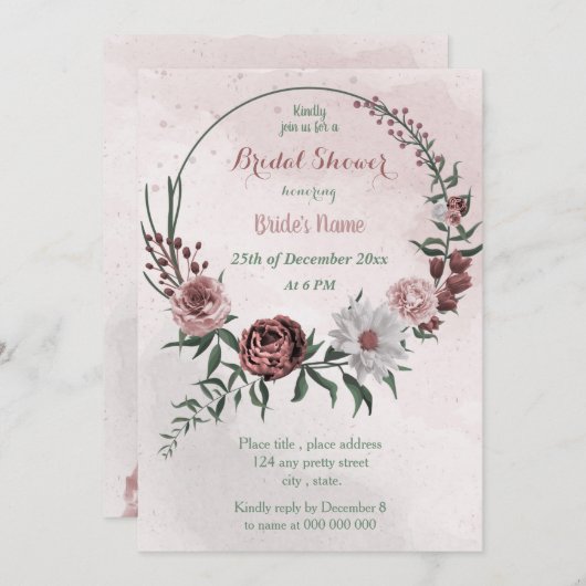 Zimt-Rose mit weißem Blumenkranz Brautparty Einladung (Vorne/Hinten)