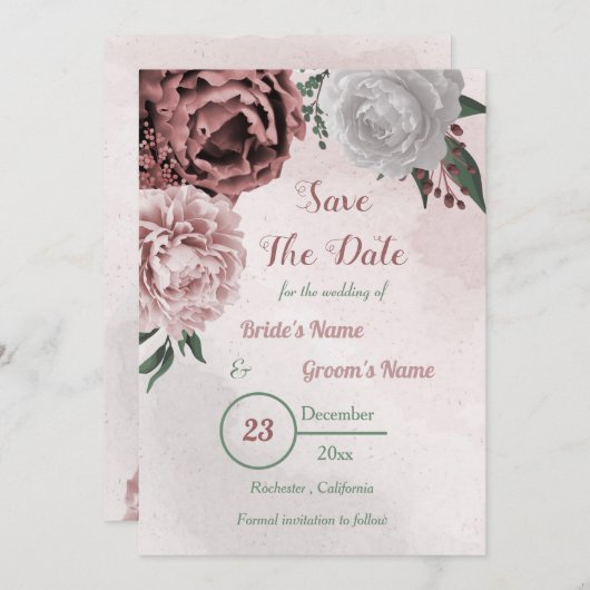 Zimt Rose Weiße Blumengrün Save The Date (Vorne/Hinten)