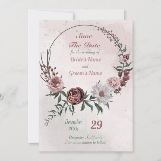 Zimt-Rose, weißer Blumenkranz Save The Date (Vorderseite)