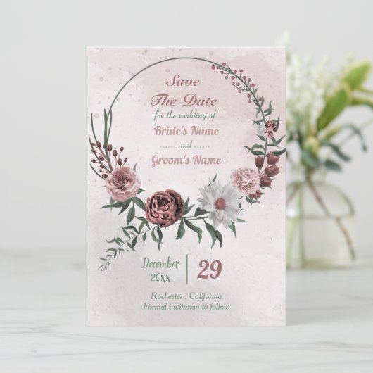 Zimt-Rose, weißer Blumenkranz Save The Date (Stehend Vorderseite)