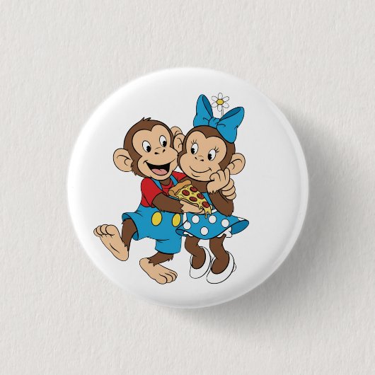 Zina und Mimo mit einer Pizzascheibe. Button (Vorderseite)