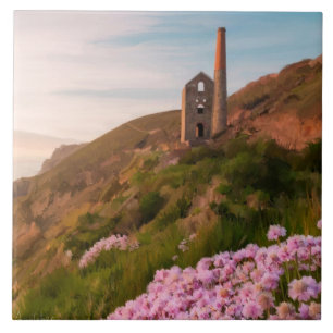 Zinnbergwerk, mit rosa Blume, Cornwall Fliese