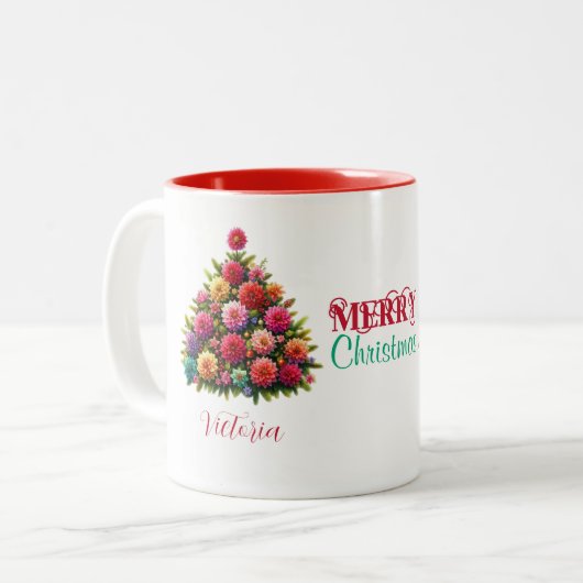 Zinnia Blume Weihnachtsbaum Frohe Weihnachtsnamen Zweifarbige Tasse (Vorderseite Links)