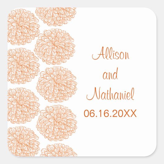 Zinnia Border Wedding Stickers, Mandarine Quadratischer Aufkleber (Vorderseite)