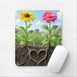 Zinnien- und Gänseblümchenblumen mit herzförmigen Mousepad