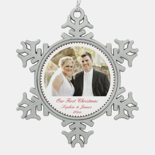 Zinnwein unser erstes Weihnachtsgeschmuck Schneeflocken Zinn-Ornament (Vorderseite)