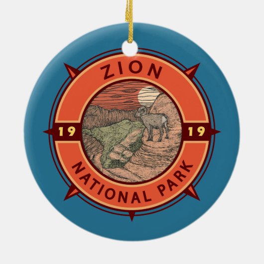Zion National Park Bighorn Sheep Retro Kompass Keramik Ornament (Hinten)
