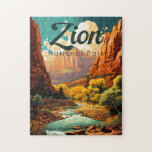 Zion National Park Illustration Retro Puzzle<br><div class="desc">Zion Vektorgrafik Design. Der Park ist ein Naturschutzgebiet im Südwesten Utah,  das sich durch die steilen roten Felsen des Zion Canyon auszeichnet.</div>