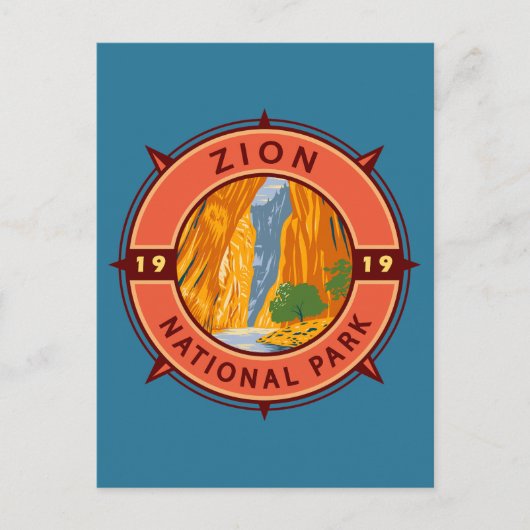 Zion National Park Retro Kompass Emblem Postkarte (Vorderseite)