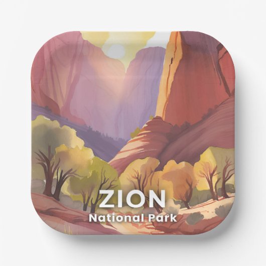 Zion National Park | Travel Watercolor Pappteller (Vorderseite)