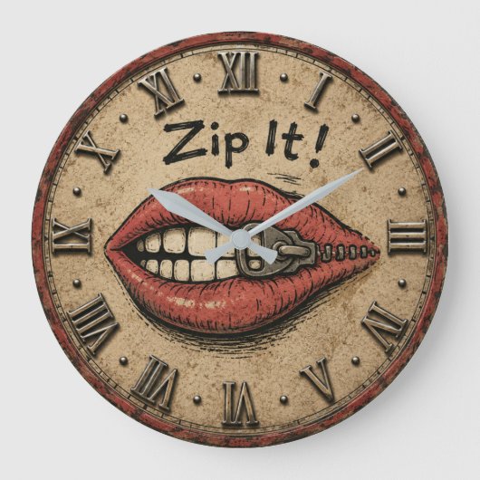 Zip It! Funny Vintage Zipper Lips Große Wanduhr (Vorderseite)