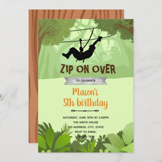 Zipline Junge Geburtstagseinladung Dankeskarte (Vorne/Hinten)