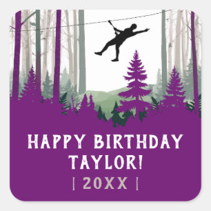 Zipline Nature Adventure Lila Forest Birthday Quadratischer Aufkleber