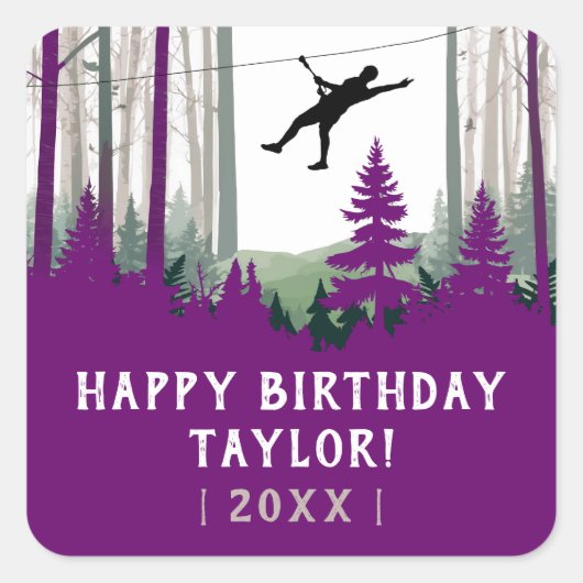 Zipline Nature Adventure Lila Forest Birthday Quadratischer Aufkleber (Vorderseite)