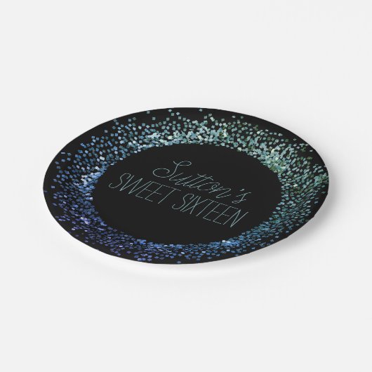 Zirkel des blauen Glitzer Pappteller (Schrägansicht)