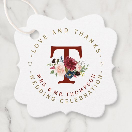 Zirkuläre Hochzeit mit Burgundy Blue Floral Monogr Geschenkanhänger (Vorderseite)