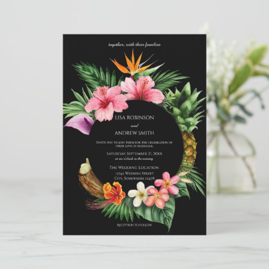 Zirkuläre tropische Hawaiianische Blumenhochzeit - Einladung (Stehend Vorderseite)