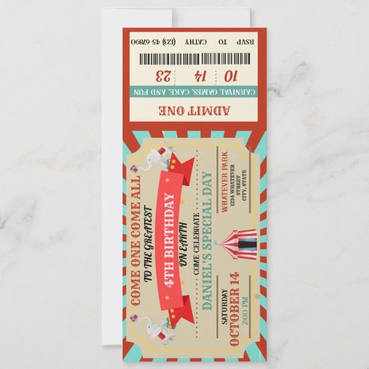 Zirkus-Abenteuer-Geburtstags-Ticket (Vorderseite)