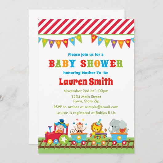 Zirkus-Babyparty-Einladungs-Zirkus-Zug Einladung (Vorne/Hinten)