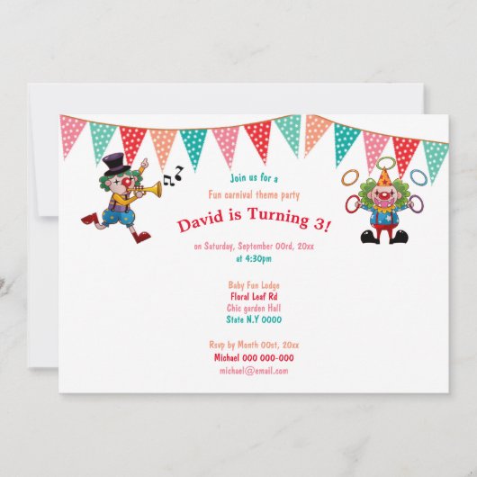 Zirkus Clowns bunter Karneval, Kinder pro Einladung (Vorderseite)