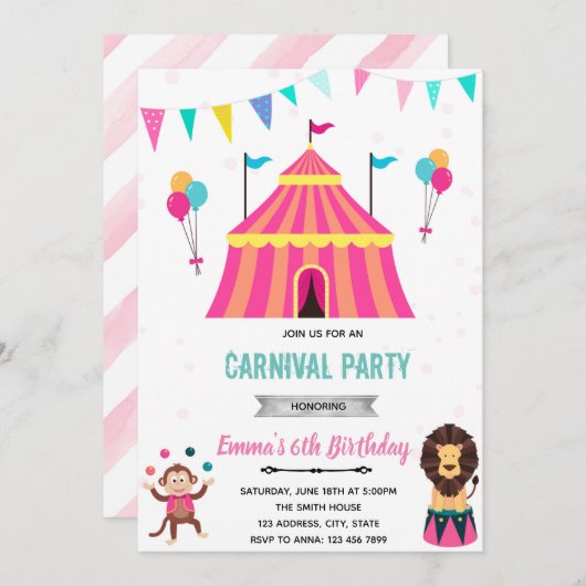 Zirkus-Karneval-Party Einladung (Vorne/Hinten)