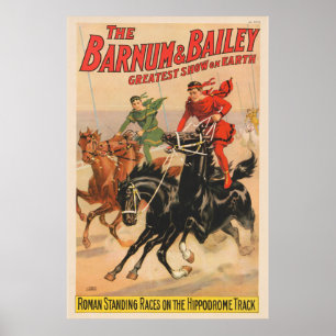Zirkus-Rennen mit Männern, die zwei Pferde umherzi Poster