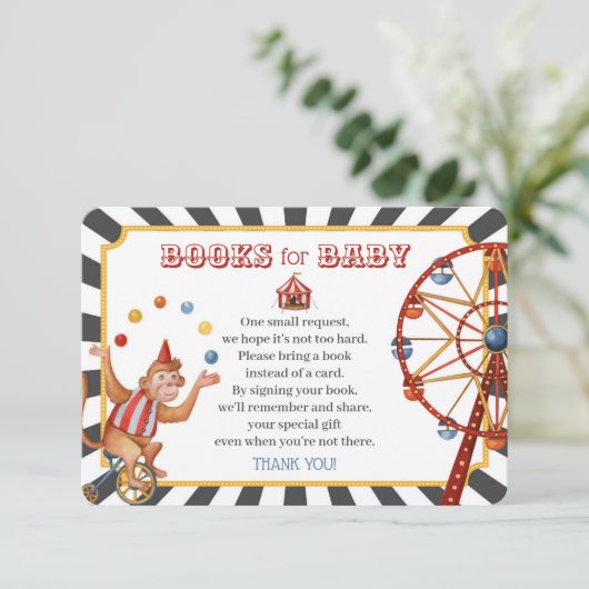 Zirkusbücher für die Baby-Einladung Begleitkarte (Stehend Vorderseite)