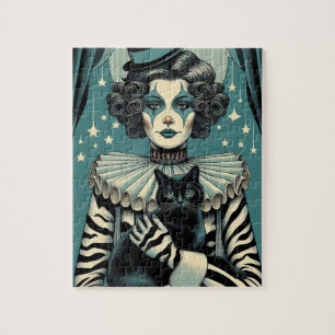 Zirkusclownfrau und eine schwarze Katze Puzzle