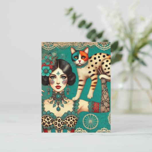 Zirkusfrau und Katze Postkarte (Stehend Vorderseite)