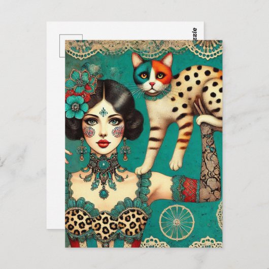 Zirkusfrau und Katze Postkarte (Vorne/Hinten)