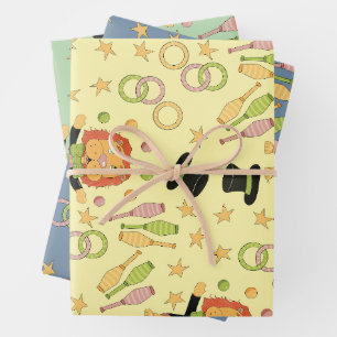 Zirkuslöwe und Jongleur-Requisiten-Muster Kinder-G Geschenkpapier Set