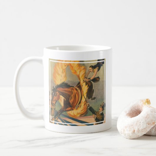 Zirkuspferd, das durch einen Flammenhaufen springe Kaffeetasse (Mit Donut)