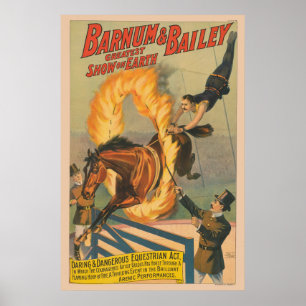 Zirkuspferd springt durch einen Flammenreifen Poster