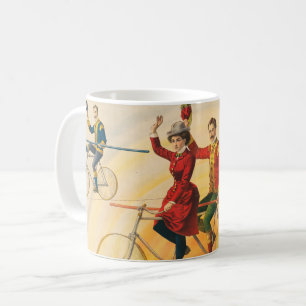 Zirkusplakat mit Fahrradfahrern auf dem Hochseil Kaffeetasse