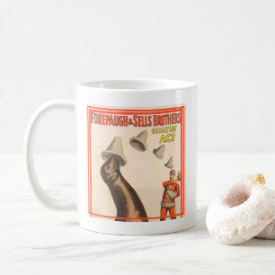 Zirkusplakat mit Seelöwe, der Hüte fängt Kaffeetasse