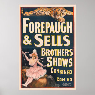 Zirkusplakat mit Tiger und Frau auf dem Pferderück Poster