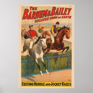 Zirkusplakat von Jockeys auf Pferden, die über ein Poster