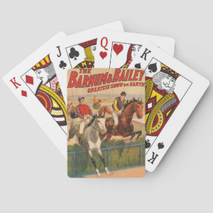 Zirkusplakat von Jockeys auf Pferden, die über ein Spielkarten