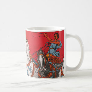 Zirkusplakat von zwei Männern in Wagen beim Rennen Kaffeetasse