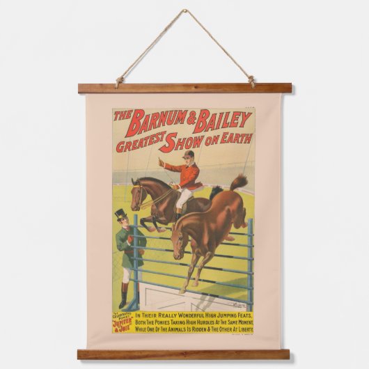 Zirkusposter mit 2 Ponys, die über ein Hindernis s Wandteppich Mit Holzrahmen (Vorderseite)